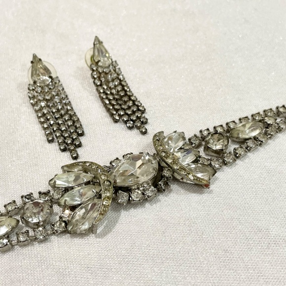 Vintage Art Deco Rhinestone Crystal Bracelet Earrings Bridal Jewelry Estate - Picture 10 of 11